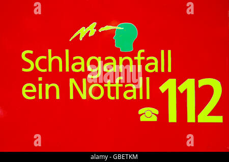 Les AVC, une urgence, Allemand 112 numéro de téléphone d'urgence, police, pompiers, Allemagne Banque D'Images