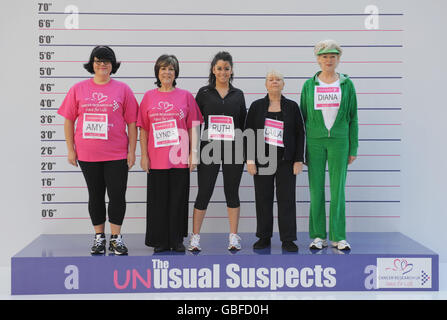Amy lame, Lynda Bellingham, Ruth Lorenzo, Laila Morse et Diana Moran sont considérés comme les suspects inhabituels dans un photocall pour lancer cancer Research UK's Race for Life. Banque D'Images