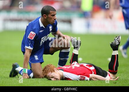 Football - Coca-Cola Championship - Sheffield United / Birmingham City - Bramall Lane.Stephen Quinn (à droite) de Sheffield United se trouve dans la douleur après une tussle avec Hameur Bouazza (à gauche) de Birmingham City Banque D'Images