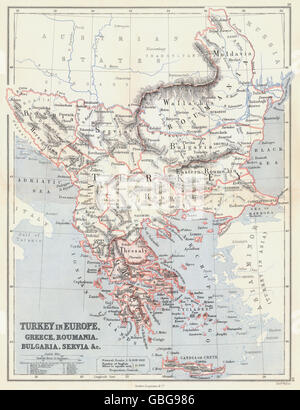 La Turquie EN EUROPE:Grèce Roumanie Bulgarie Serbie Bosnie Roumélie orientale.Butler, 1888 map Banque D'Images