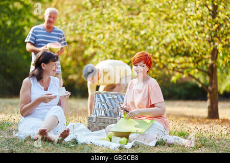 Groupe d'aînés faire un pique-nique avec des fruits en été et relaxant Banque D'Images