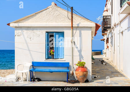 Blanc typique maison grecque avec les chats dormir dans une rue ombragée, ville de Kokkari, l'île de Samos, Grèce Banque D'Images