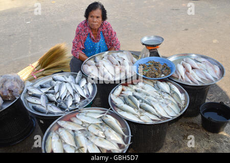 Khao Lak, Thaïlande, 02-05-2016. Femme vendant du poisson frais au marché de Takua Pa Thaïlande Banque D'Images