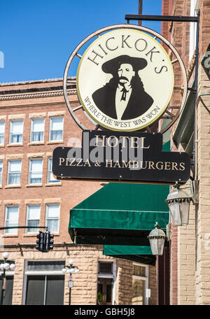 Signe de la pendaison de Hickok Hôtel à Deadwood dans le Dakota du Sud Banque D'Images