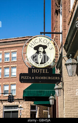 Signe de la pendaison de Hickok Hôtel à Deadwood dans le Dakota du Sud Banque D'Images