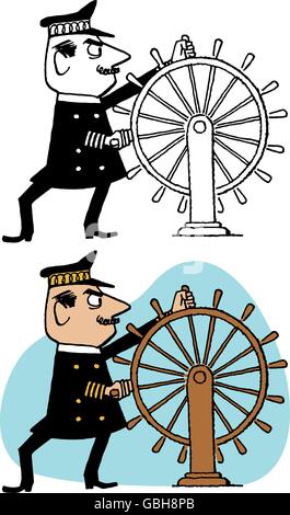 Un capitaine dirige son navire à l'aide d'une grande roue en bois. Illustration de Vecteur