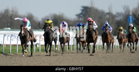 Vue générale des coureurs et des cavaliers pendant les piquets de la Free Bets Maiden Fillie (classe 4) au circuit de Kempton Park, Surrey Banque D'Images