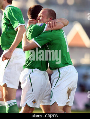 Warren Feeney, d'Irlande du Nord (No 10) célèbre après avoir obtenu son score lors du match de qualification de la coupe du monde au stade de Windsor Park, à Belfast, en Irlande du Nord. Banque D'Images