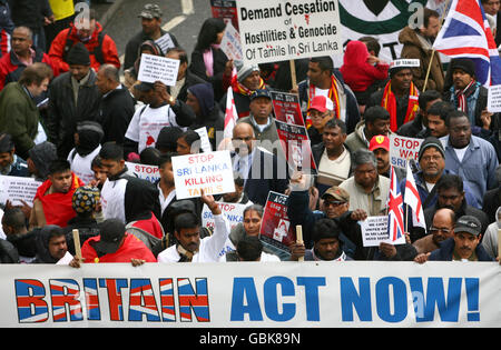Des milliers de personnes descendent dans la rue à Westminster, Londres, pour manifester contre l'offensive du gouvernement sri-lankais contre les rebelles du tigre tamoul et des allégations de violations des droits de l'homme. Banque D'Images