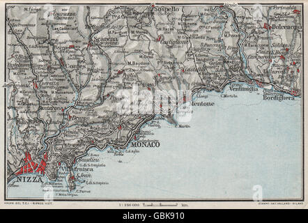 La CÔTE D'AZUR. Nice (Nice) Nice Monaco Menton Bordighera Villefranche, 1924 map Banque D'Images