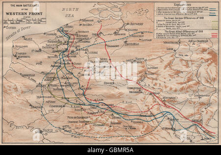 Les lignes de bataille principal avant de l'Ouest. Carte vintage. WW1 Première Guerre mondiale. Flandre 1920 Banque D'Images