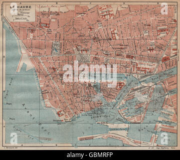 LE HAVRE (CENTRE DE LA VILLE) . Plan Plan de la ville ville vintage. Seine-Maritime 1920 Banque D'Images