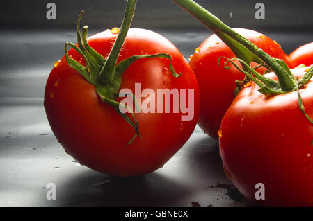 Still Life - tomates on twig sur fond noir Banque D'Images