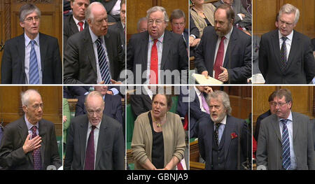 (Rangée supérieure, de gauche à droite) Gordon Prentice, Stuart Bell, Patrick Cormack, David Heath et David Davis.(Rangée du bas, de gauche à droite) Winnick, Richard Shepperd, Susan Kramer, Mike Handcock et Sammy Wilson, certains des députés qui ont soulevé des points au Règlement après que le Président de la Chambre des communes, Michael Martin, a fait une déclaration à la Chambre. Banque D'Images