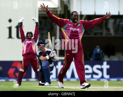 Chris Gayle des West Indies lance un appel sans succès pour le cricket de Matt Prior d'Angleterre lors de la troisième journée internationale à Edgbaston, Birmingham. Banque D'Images