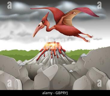 Dinosaure ptérodactyle survolant le volcan illustration Illustration de Vecteur