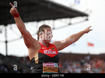 Amsterdam, Pays-Bas. 07Th Juillet, 2016. Christina Schwanitz d'Allemagne participe à lancer les femmes à la finale Championnats d'Europe d'athlétisme 2016 au Stade Olympique d'Amsterdam, Pays-Bas, 07 juillet 2016. Photo : Michael Kappeler/dpa/Alamy Live News Banque D'Images