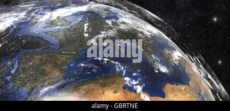 Vue de l'espace de rendu 3D d'Amérique et de la station spatiale. Banque D'Images