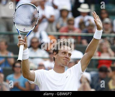 Tomas Berdych, de la République tchèque, célèbre son match contre celui de la Russie Nikolay Davydenko lors des championnats de Wimbledon 2009 à tous Club de tennis d'Angleterre Banque D'Images