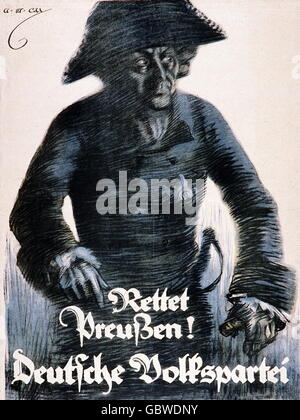 Géographie / voyage, Allemagne, politique, affiche électorale de la Deutsche Volkspartei (DVP), 'Rettet Preussen' (Rescue Prusse), 1920, , droits additionnels-Clearences-non disponible Banque D'Images