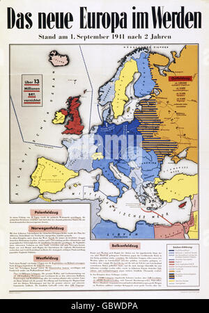 Evénements, Seconde Guerre mondiale / Seconde Guerre mondiale, propagande, Allemagne, 'Das neue Europa im werden' (la nouvelle Europe en train de se fabriquer), affiche, zones sous contrôle allemand (bleu) sur 1.9.1941, Additional-Rights-Clearences-not available Banque D'Images