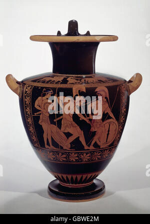 Beaux-arts, la Grèce, l'époque classique (500 - 323 BC), vase, red-figuré d'Hypsis Hydria (* 510 BC), Antiopeia Hyphophyse et partir à la bataille, Antiopeia la salpinx de soufflage, de l'état des collections d'antiquités, Munich, Banque D'Images