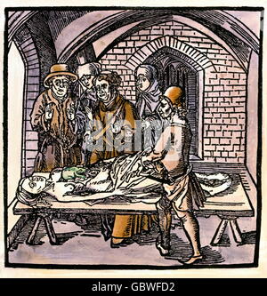 Sorcières, chasse aux sorcières, crapaud dans la poitrine d'une sorcière de la mort, illustration de 'Der Ritter vom Turm' (le chevalier de la tour) par Michael Furtner Basel, vers 1500, collection privée, droits additionnels-Clearences-non disponible Banque D'Images