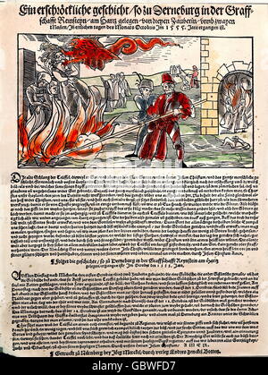 Sorcières, brûlage de sorcières, sorcière condamnée sont hijed par diable, bois de couleur, grand-folio par Joerg Merckel, Nuremberg, 1555, collection privée, droits additionnels-Clearences-non disponible Banque D'Images