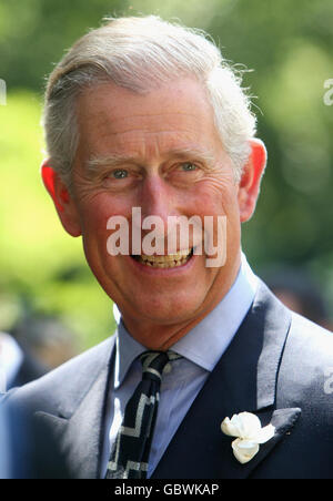 Le Prince de Galles sourit à Clarence House, à Londres, lors d'une cérémonie à l'intention des pilotes d'hélicoptère de la Royal Navy, du personnel au sol et des Royal Marines qui ont servi en Afghanistan. Banque D'Images