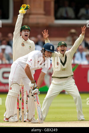 Brad Haddin (à gauche), joueur de cricket australien, et Michael Clarke, coéquipier, ont réussi à faire appel au cricket de Alastair Cook, en Angleterre, pour avoir donné lbw au cours de la troisième journée du deuxième match de npower Test à Lord's, Londres. Banque D'Images