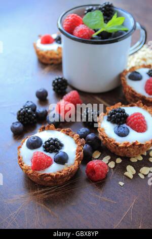 Les cookies d'avoine avec des yaourts et des fruits Banque D'Images