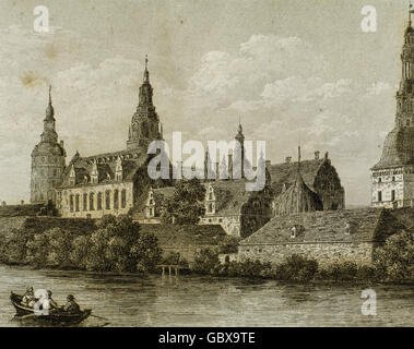 Le Danemark. Copenhague. Château de Frederiksborg, un complexe palatial à Hillerod. Il a été construit comme une résidence royale pour le roi Christian IV DE Danemark au début du 17e siècle. Gravure, 1845. Banque D'Images