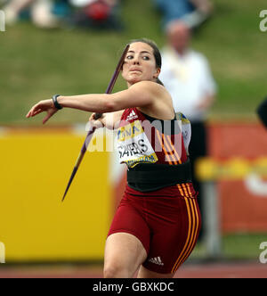 Goldie Sayers participe au javelot féminin lors des épreuves mondiales d'Aviva et des championnats du Royaume-Uni au stade Alexander, à Birmingham. Banque D'Images