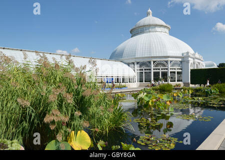 Enid A. Haupt Conservatory et bassin avec des plantes aquatiques, New York Botanical Garden, Bronx, NY Banque D'Images