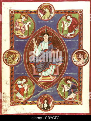 Beaux-arts, art religieux, livre, Echternach Codex, Christus, Jésus Christ, entouré par les évangélistes et les prophètes, miniature sur vélin, Musée national germanique de Nuremberg, circa 1030, Banque D'Images