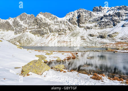 Vue du lac en Hincova valley couverte de neige, Tatras, Slovaquie Banque D'Images