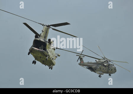 Un hélicoptère Chinook suit un hélicoptère Merlin au cours d'un exercice d'entraînement préalable au déploiement pour le 1er Bataillon Royal Welsh avant leur mission en Afghanistan au début d'octobre. Banque D'Images