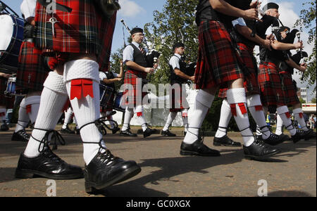 World Pipe Band Championship - Glasgow.Pipers à Glasgow Green à Glasgow pendant le Championnat du monde de groupes de tubes. Banque D'Images