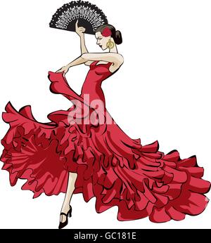 Vector illustration originale d'une danseuse de flamenco espagnol en robe rouge longue avec ventilateur en passionné de danse Illustration de Vecteur