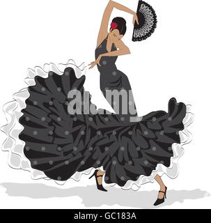 Danseuse de flamenco espagnol long en robe noire à pois et d'un ventilateur dans sa main Illustration de Vecteur