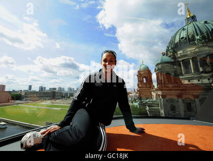 Jessica Ennis, en Grande-Bretagne, pose pour une photo lors de la conférence de presse des Championnats du monde d'athlétisme de l'IAAF au Radisson Blu Hotel, Berlin. Banque D'Images