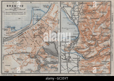 La ville de Bregenz City stadtplan et ses environs. Österreich Autriche karte, 1923 map Banque D'Images