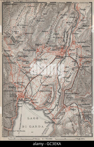 ARCO & RIVA DEL GARDA environs. Trento, Italie Italia. Bolognano mappa, 1927 Banque D'Images