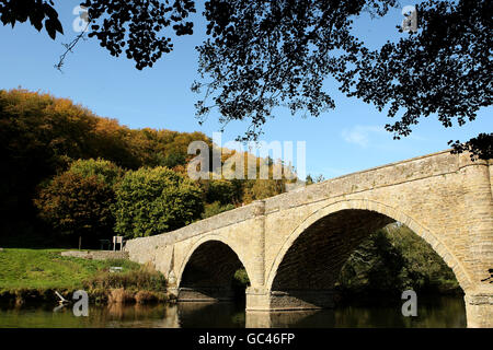 Vue générale du pont de Dinham traversant la rivière Tée avec la couleur d'automne dans les arbres de la ville de marché de Ludlow dans le Shropshire Banque D'Images