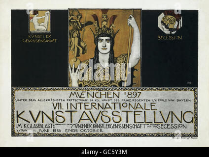 Expositions, beaux-arts, 7ème exposition internationale d'art, affiche de Franz von Stuck (1863 - 1928), autotype, imprimé: Meisenbach Riffarth & Co., Munich, 60 x 87.5 cm, Musée de la ville de Munich, 1897, droits supplémentaires-Clearences-non disponible Banque D'Images