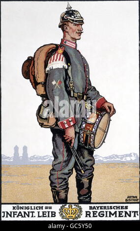 Militaire, Allemagne, Bavière, infanterie, Leib-Regiment, batteur, illustration par Anton Bischof, 1914, droits additionnels-Clearences-non disponible Banque D'Images