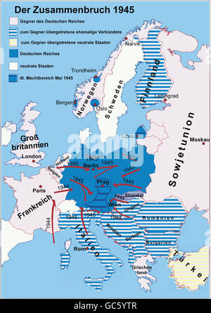 Cartographie, cartes historiques, temps moderne, Seconde Guerre mondiale/Seconde Guerre mondiale, défaite de l'Allemagne 1945, droits additionnels-Clearences-non disponible Banque D'Images