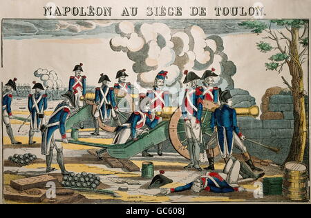 Evénements, Guerre de la première Coalition 1792 - 1797, Siège de Toulon, 18.9.- 18.12.1793, artillerie française, coupe de bois française, Pellerin, Epinal, vers 1800, Major Napoléon Bonaparte, France, guerres révolutionnaires françaises, tireur, soldats, canons, fusils, XVIIIe siècle, historique, historique, peuple, droits additionnels-Clearences-non disponible Banque D'Images