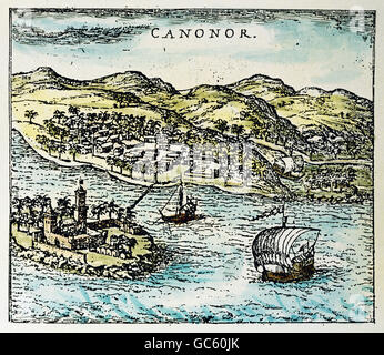 Géographie / voyage, Inde, Kannur, vues sur la ville / villes, gravure en couleurs, France, deuxième moitié du 16ème siècle, collection privée, historique, historique, Asie, vue, paysage urbain, Cannanore, Cananor, ancienne succursale portugaise, fondée en 1502 par Navigator et explorateur Vasco da Gama (1469 - 1524), personnes, droits supplémentaires-Clearences-non disponible Banque D'Images