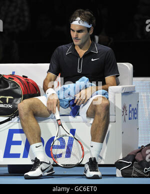 Roger Federer de Suisse pendant les finales du Barclay's ATP World tennis Tour à l'O2 Arena, Londres. Banque D'Images